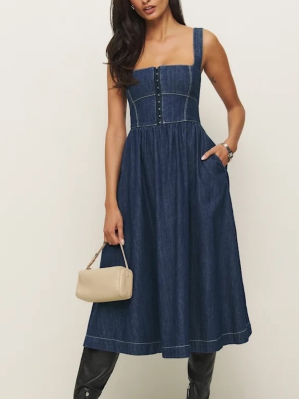 Reformation 2 Tagliatelle Denim Midi Dress Ellis Dark Wash Western Rodeo